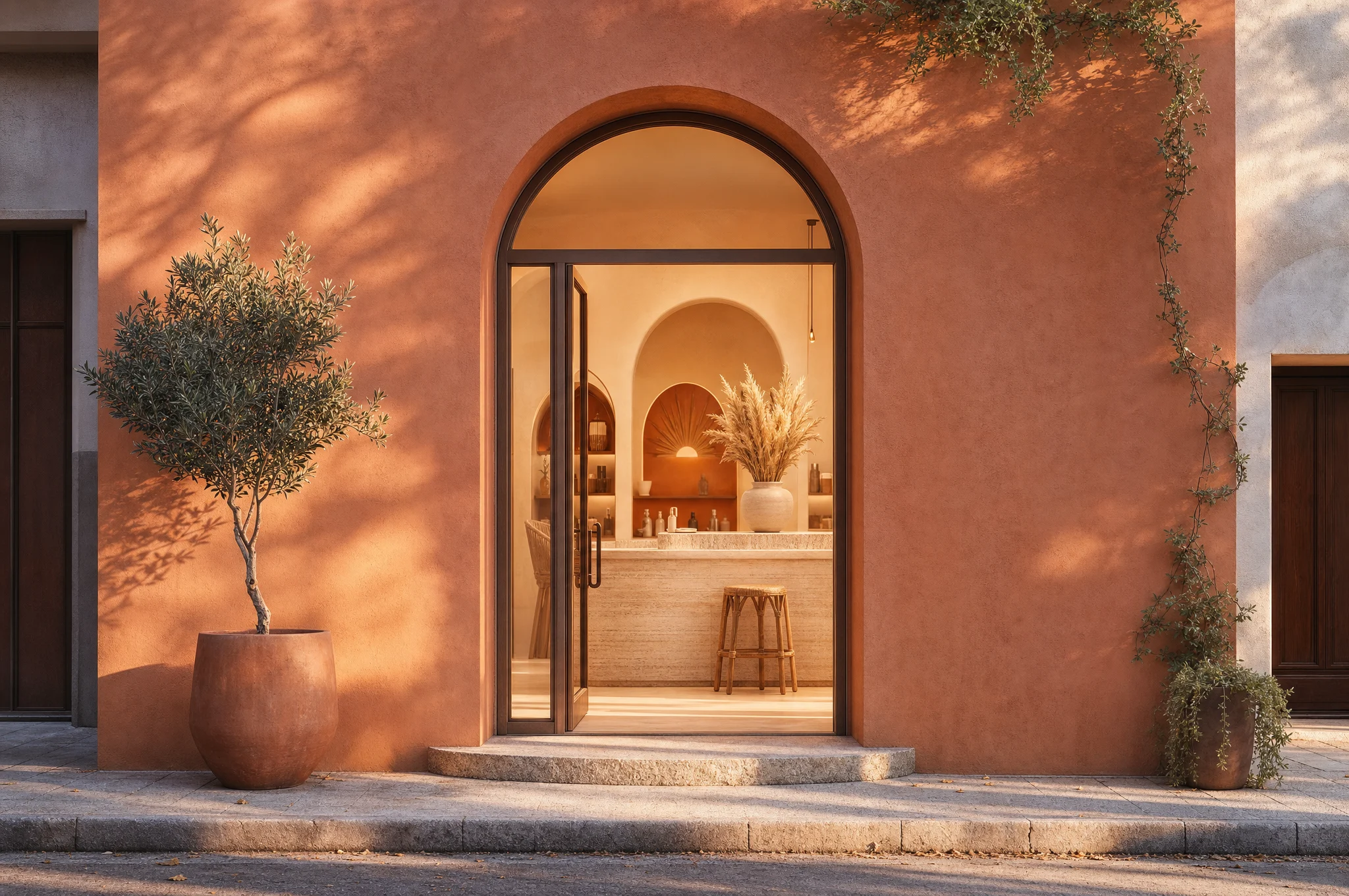 Fachada do Aura Studio ao entardecer, porta em arco iluminada por dentro